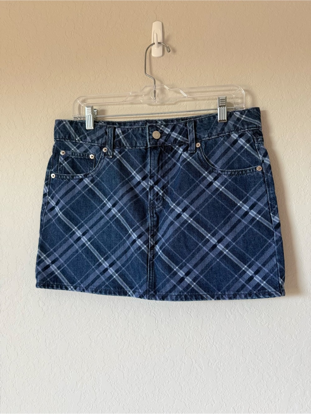 GAP Navy Plaid Denim Mini Skirt